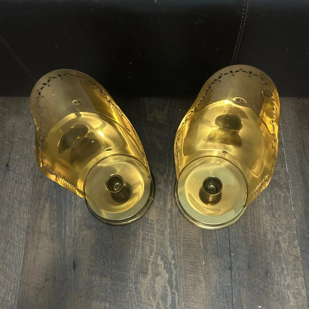 Vintage Hallmark Candles Brass Wall‎ Sconce Pair Pierced Floral Gold Tone 12